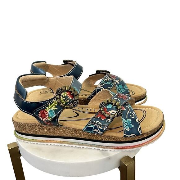 L'Artiste x Jane & Coco Leather Gabriola Platform Sandals Size 9 Navy Multi NIB - Picture 2 of 8